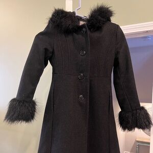 Vintage Rothschild Girls Black Wool Blend Coat Faux Fur Hood Cuffs